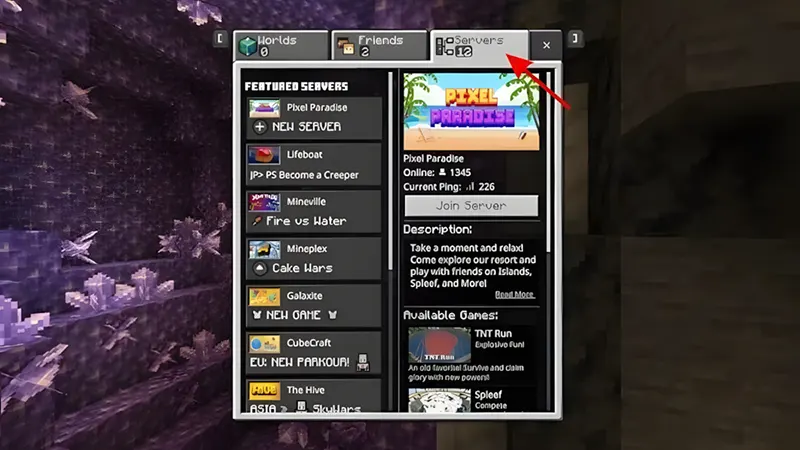 Bước 1: Chọn tab Servers